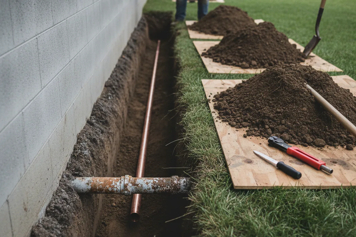 Excavated water line trench during Water Softener Installation in Mellott